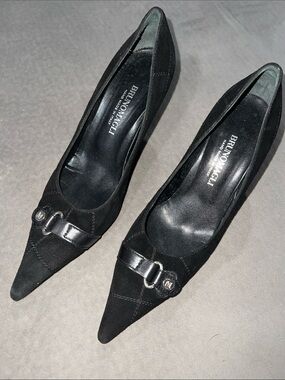 Bruno Magli Black Pointed Suede & Leather Buckle Pumps